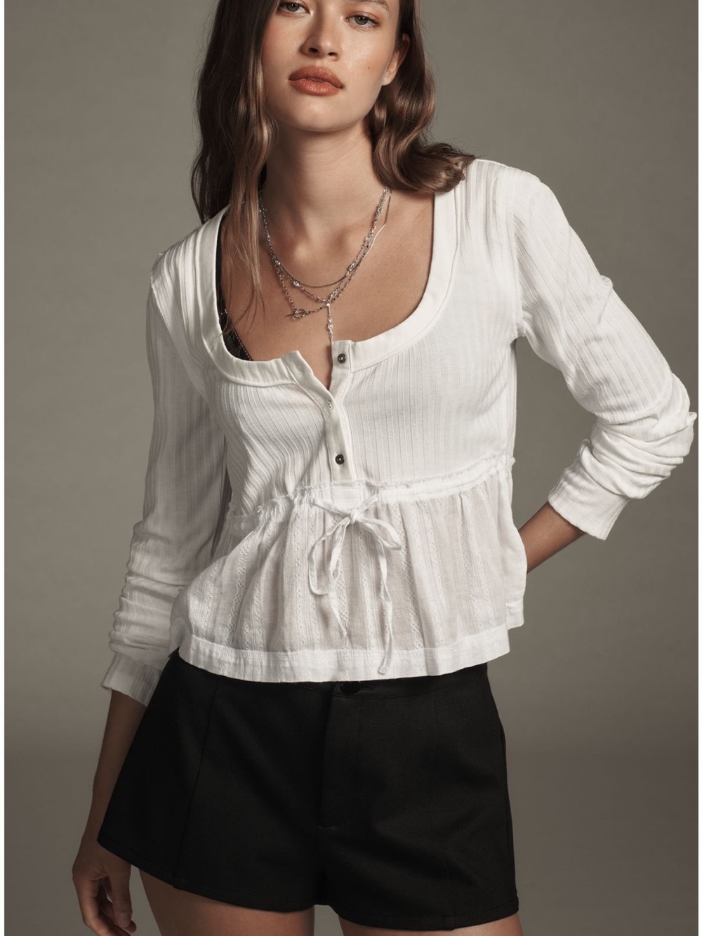 White Scoop Neck Peplum Tie-Front Long Sleeve Top